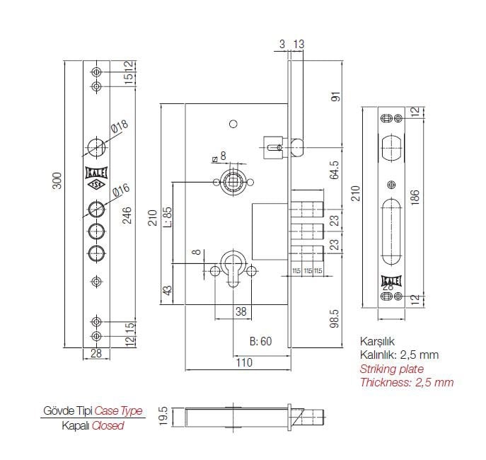 Kale Monoblok Çelik Kapi Kilidi 252 R SN 60 mm Nikel